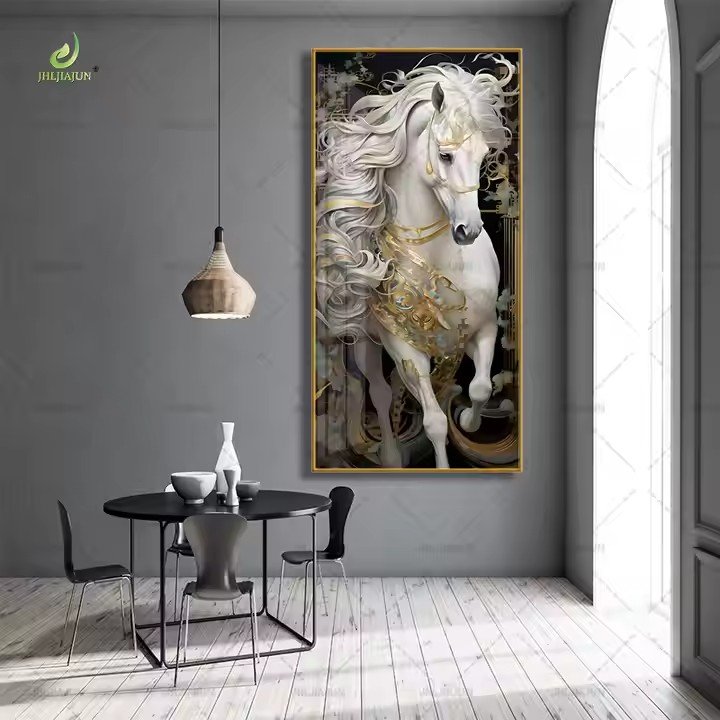 Home Decoration Large size ready to hang White horse Porcelain pictures crystal glass led wall art horse painting