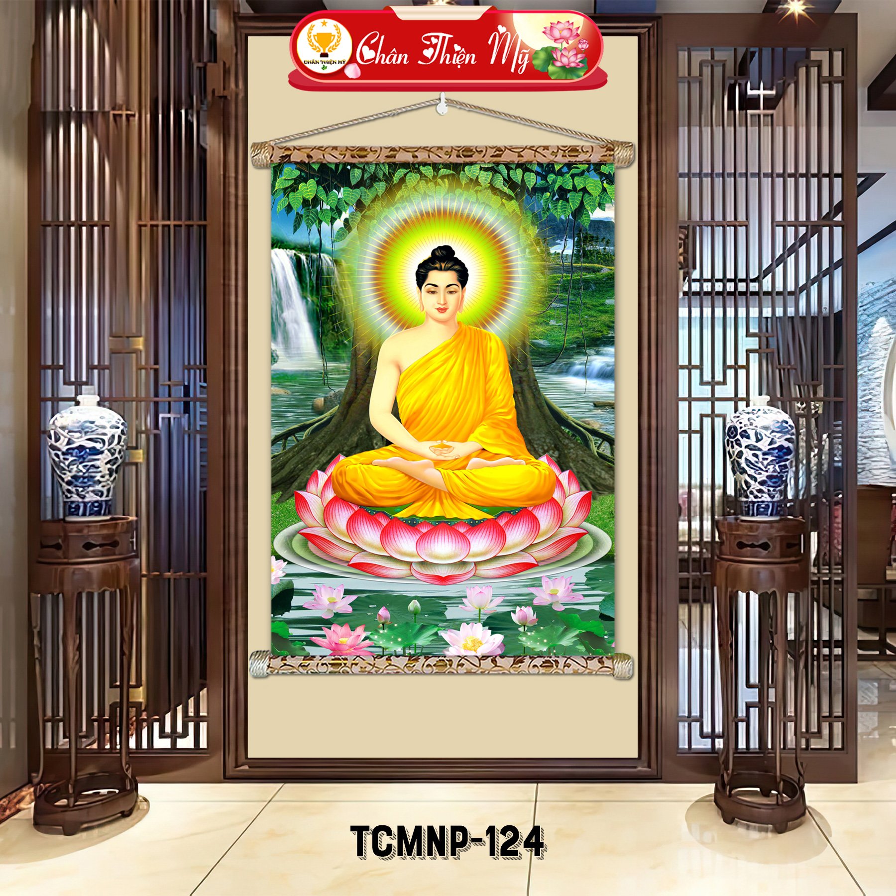 Wall Art Traditional Printed Sitting Shakyamuni Buddha Scroll Canvas Painting