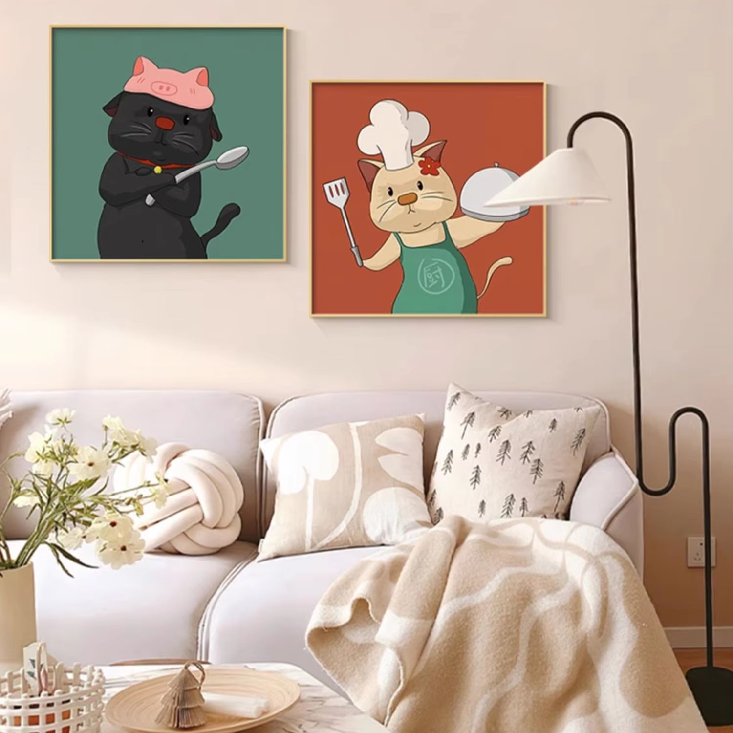 Restaurant decoration painting cat cartoon log style dining room hanging painting couple comic bedroom room mural