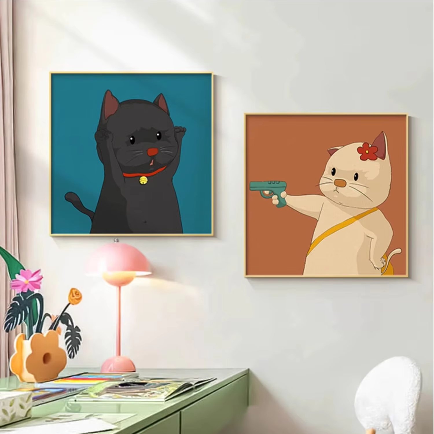 Restaurant decoration painting cat cartoon log style dining room hanging painting couple comic bedroom room mural
