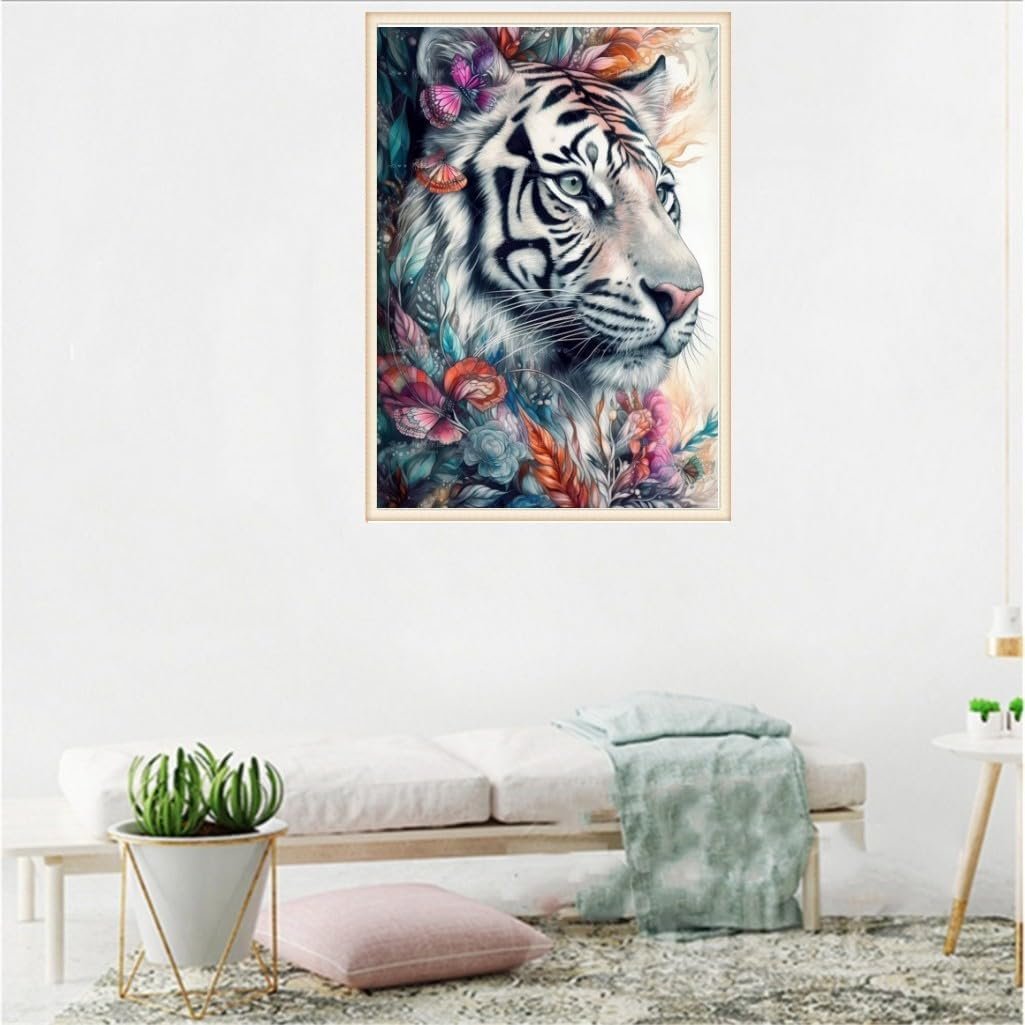 Black and white tiger diamond painting, dreamy tiger diamond painting, animal flower series diamond painting 30*40cm
