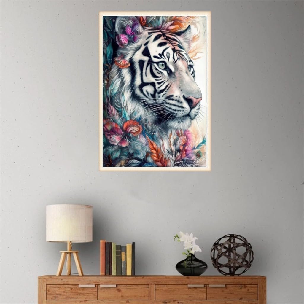 Black and white tiger diamond painting, dreamy tiger diamond painting, animal flower series diamond painting 30*40cm