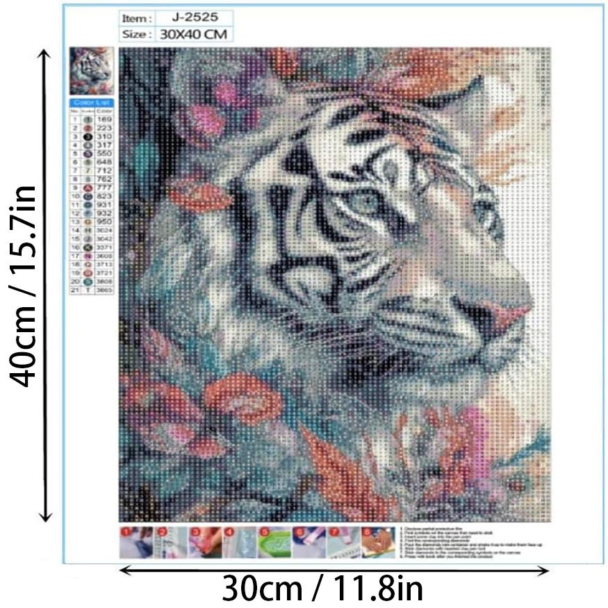 Black and white tiger diamond painting, dreamy tiger diamond painting, animal flower series diamond painting 30*40cm
