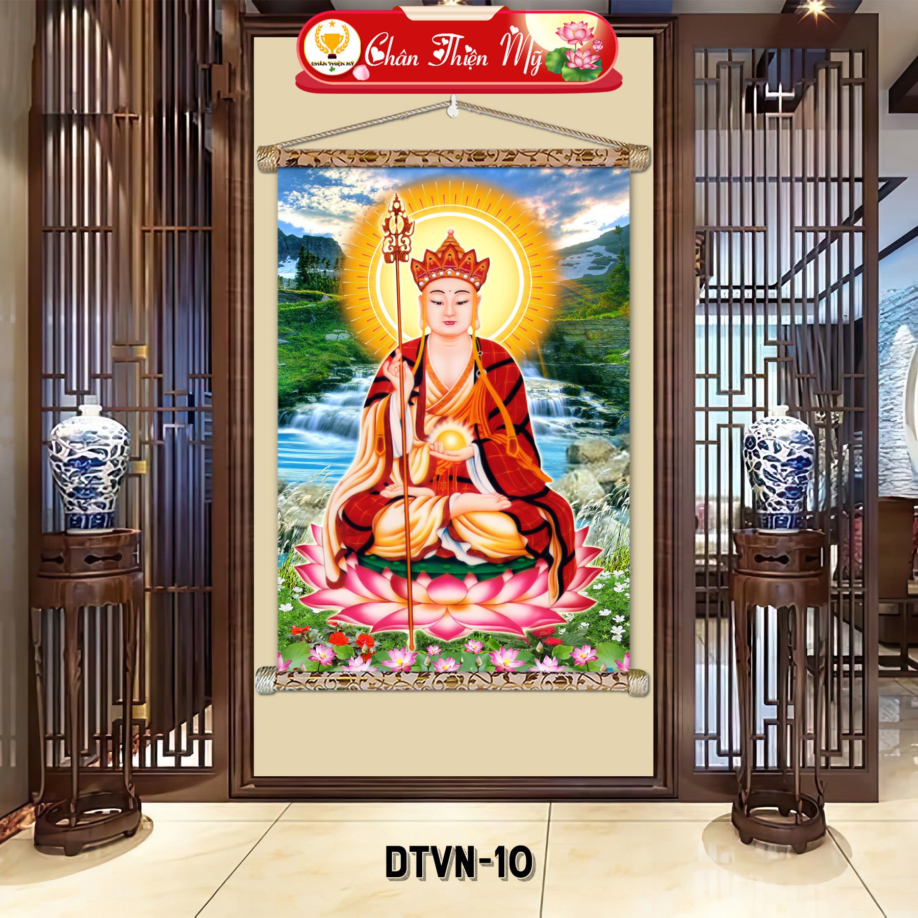 Ksitigarbha Bodhisattva Buddha Scroll Painting Canvas Printed Wood Frame Support Wall Art Home Decoration
