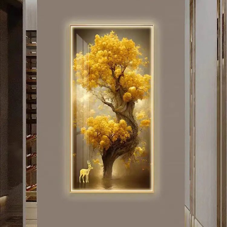 Home Art Porch Glass Hanging Painting Luxury Abstract Golden Wall Art Crystal Porcelain Painting Art For Home Decor
