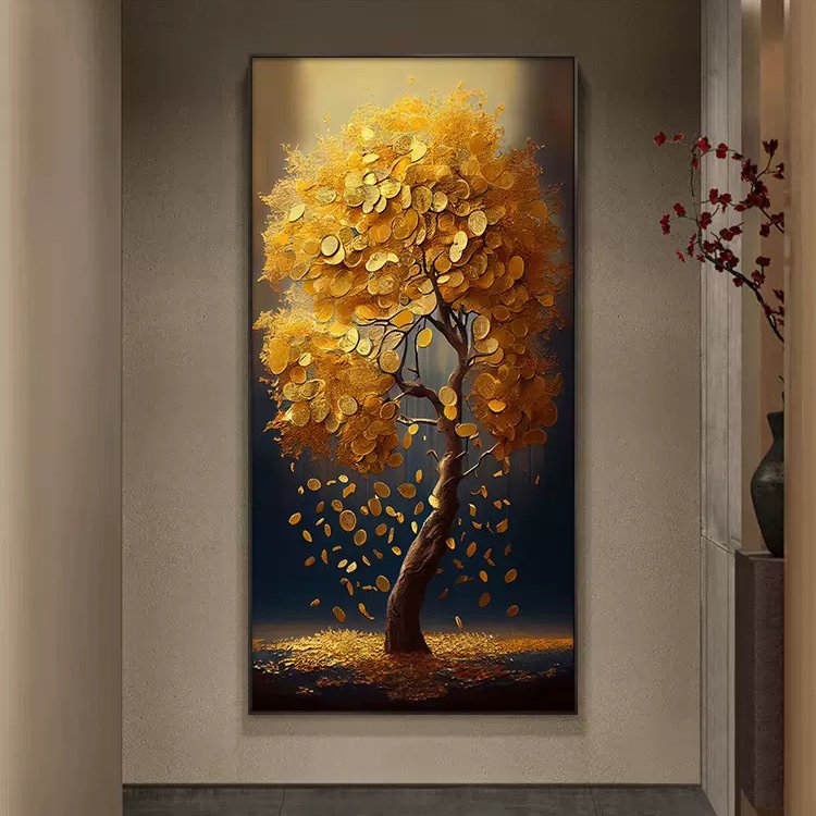 Home Art Porch Glass Hanging Painting Luxury Abstract Golden Wall Art Crystal Porcelain Painting Art For Home Decor