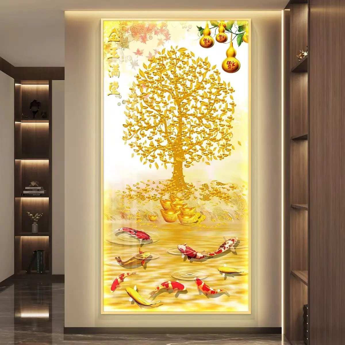 Home Art Porch Glass Hanging Painting Luxury Abstract Golden Wall Art Crystal Porcelain Painting Art For Home Decor