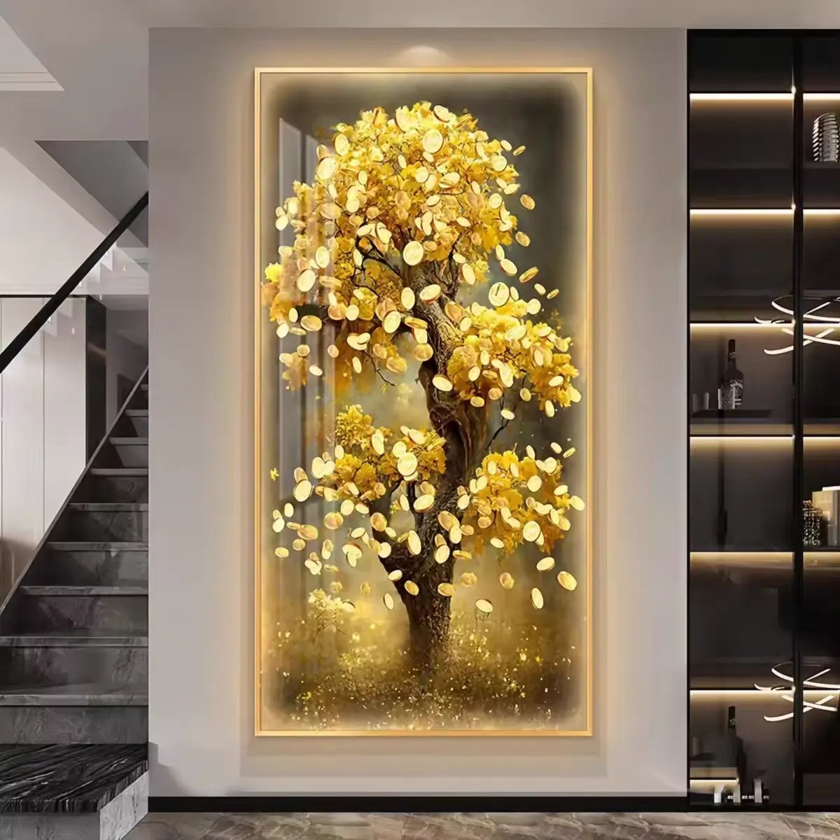 Home Art Porch Glass Hanging Painting Luxury Abstract Golden Wall Art Crystal Porcelain Painting Art For Home Decor