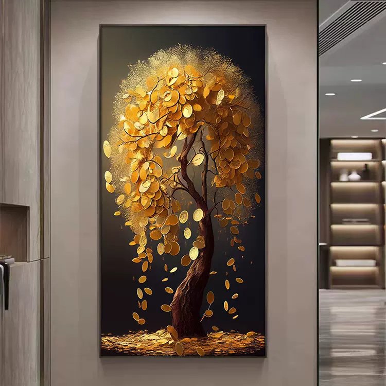 Home Art Porch Glass Hanging Painting Luxury Abstract Golden Wall Art Crystal Porcelain Painting Art For Home Decor