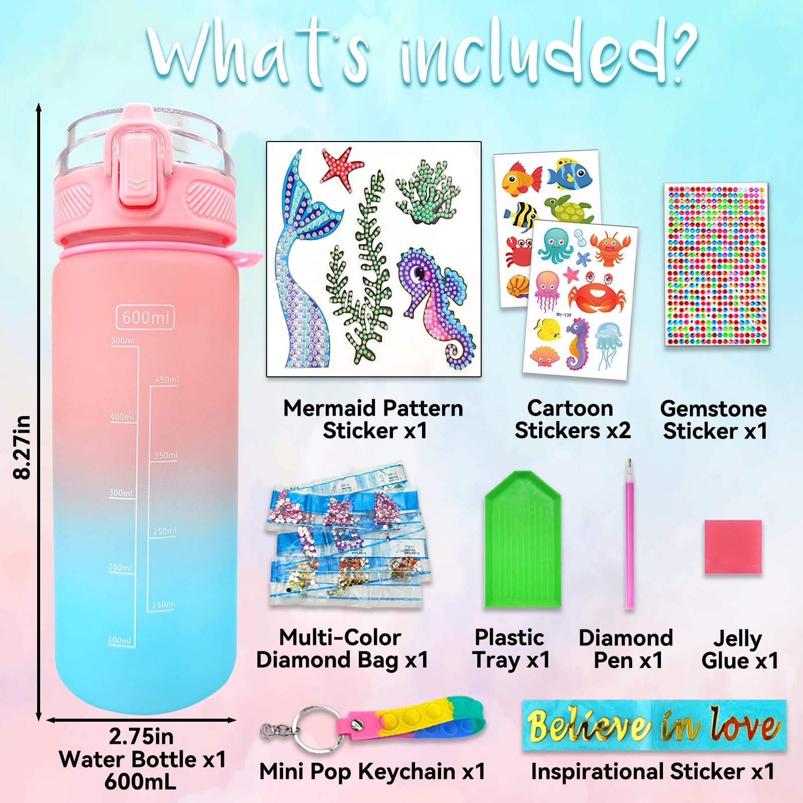 Decorate Your Own Water Bottle Kits Mermaid Gem Painting Crafts Fun Arts and Crafts Gifts Toys for Girls Birthday