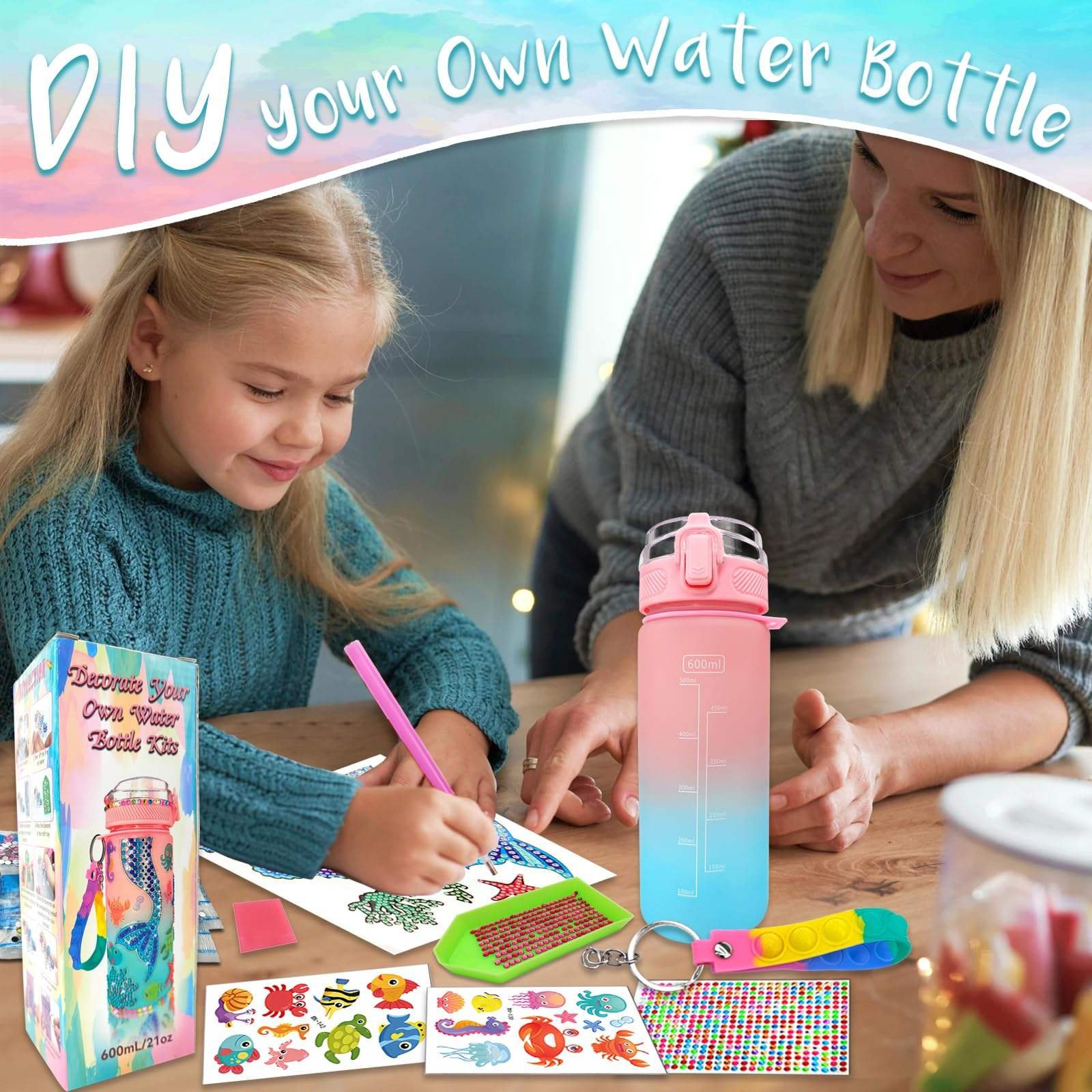 Decorate Your Own Water Bottle Kits Mermaid Gem Painting Crafts Fun Arts and Crafts Gifts Toys for Girls Birthday