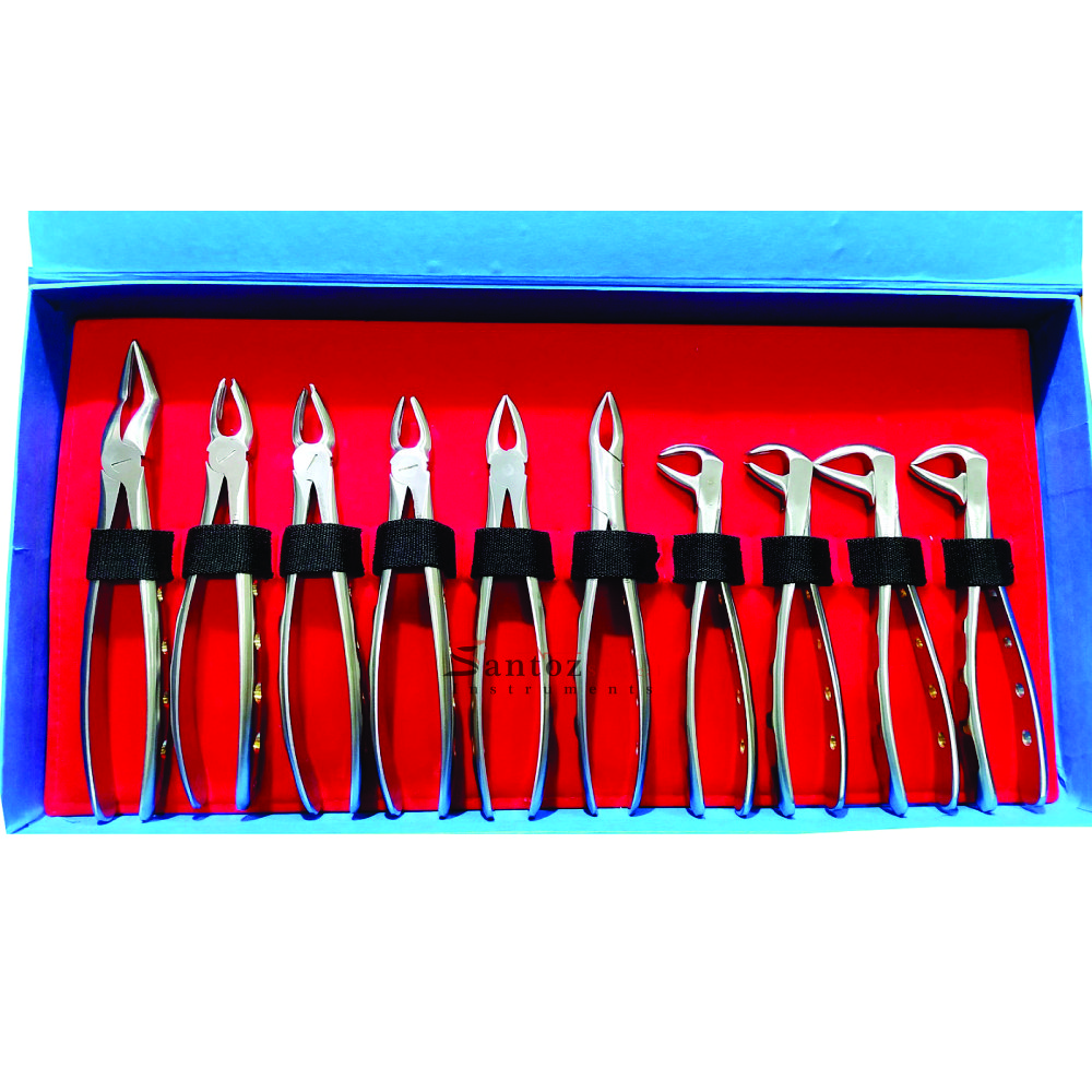 High Quality 10pcs Stainless Steel Dental Extraction Forceps Kit with Manual Power Featuring Golden Holes