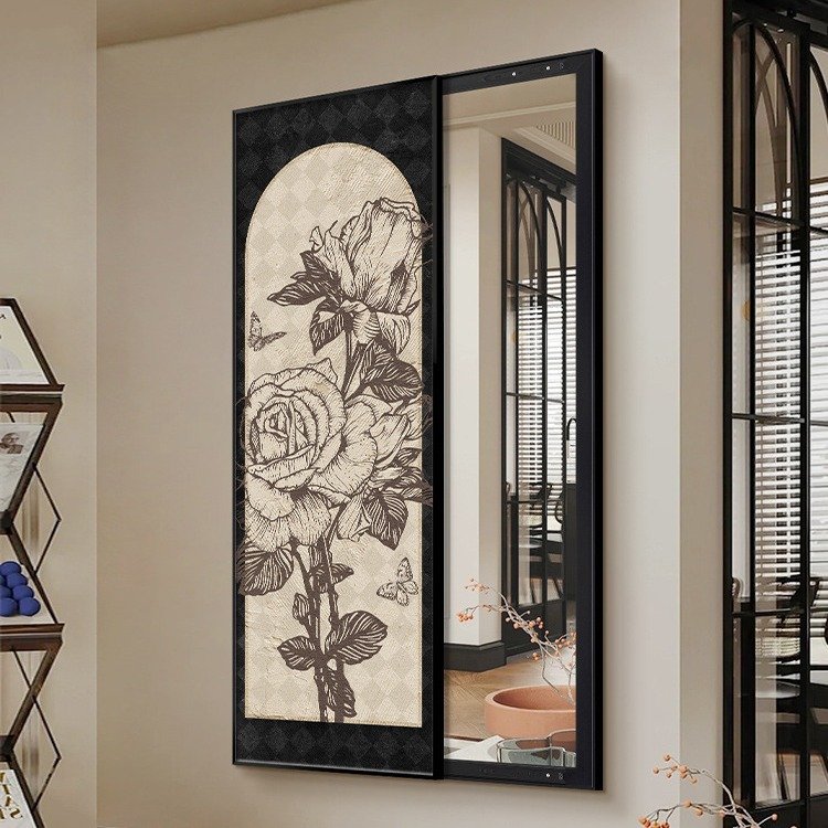 Sparkling magnificent sliding mirror ceramic wall art black background flower high end atmospheric movable sliding mirror