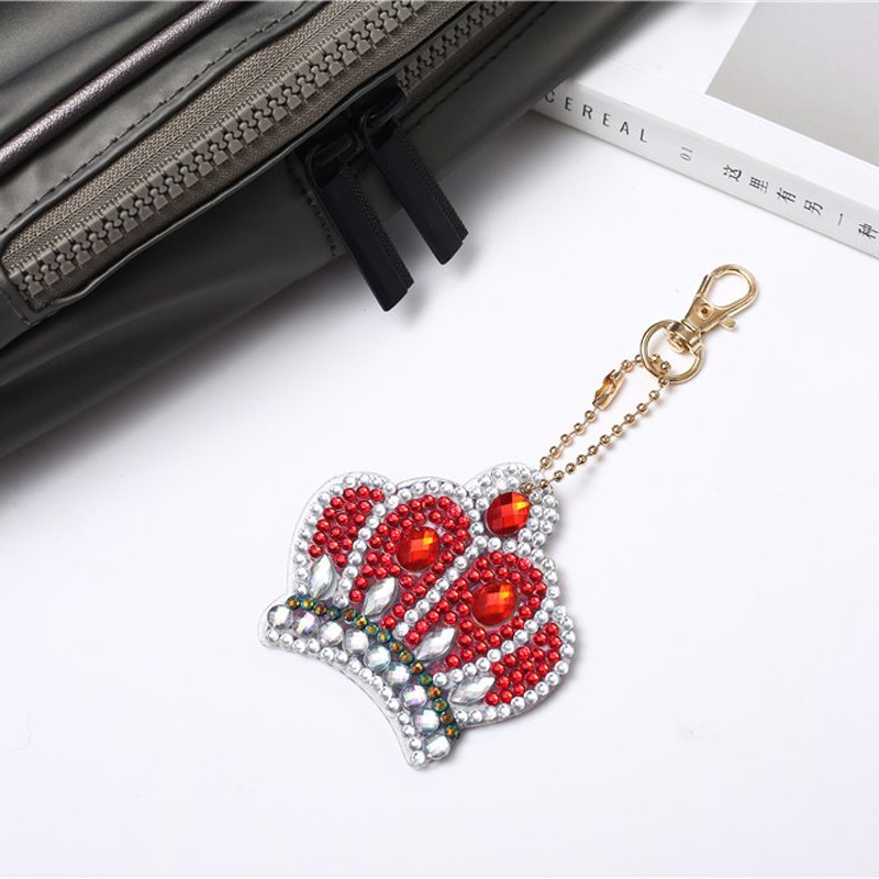 Wholesale 5 Pieces 5d Diy Diamond Painting Keychain Crown Picture Cartoon Design Key Ring Decoration