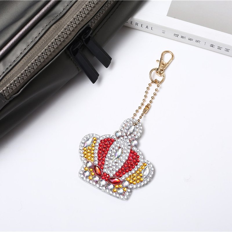 Wholesale 5 Pieces 5d Diy Diamond Painting Keychain Crown Picture Cartoon Design Key Ring Decoration