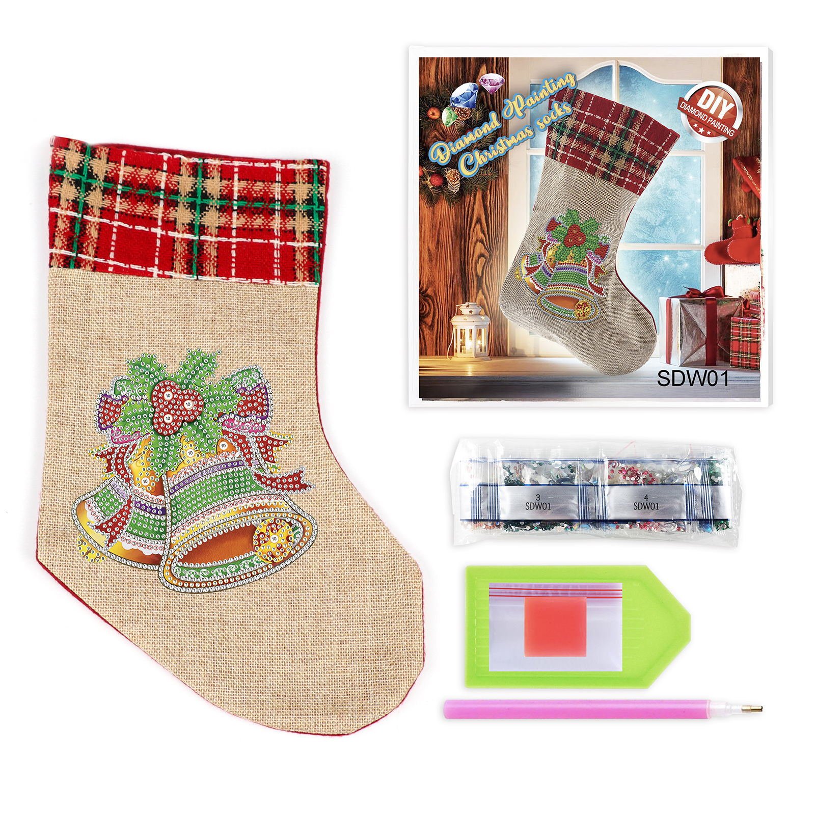 Christmas Tree Socks DIY Rhinestone Diamond Painting Fireplace Hanging Stockings Diamond Art Candy Gift Bag