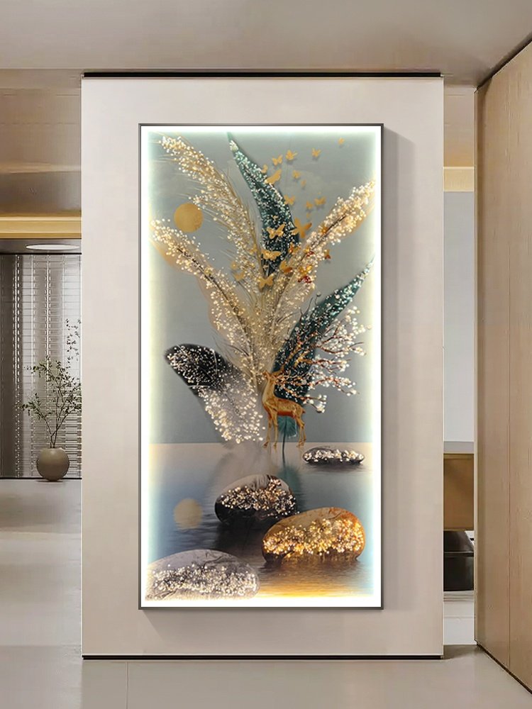 wall art decor LED strip splints flower and deer crystal porcelain painting for living room decoration
