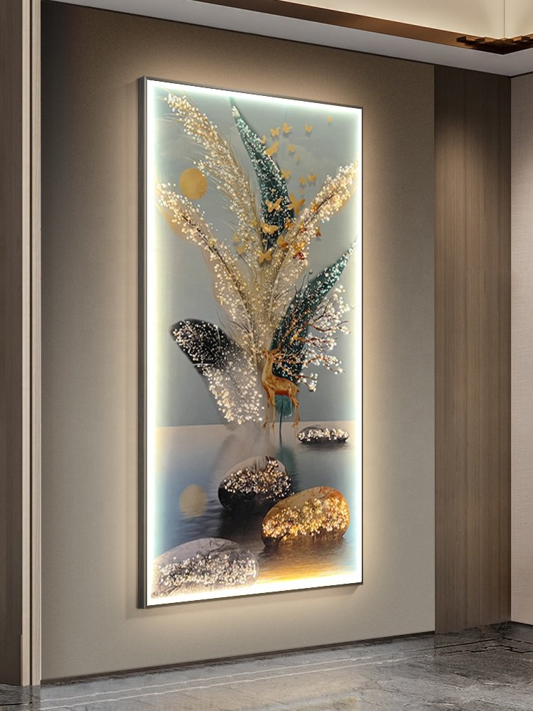 wall art decor LED strip splints flower and deer crystal porcelain painting for living room decoration