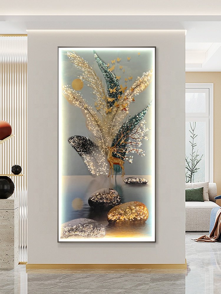 wall art decor LED strip splints flower and deer crystal porcelain painting for living room decoration