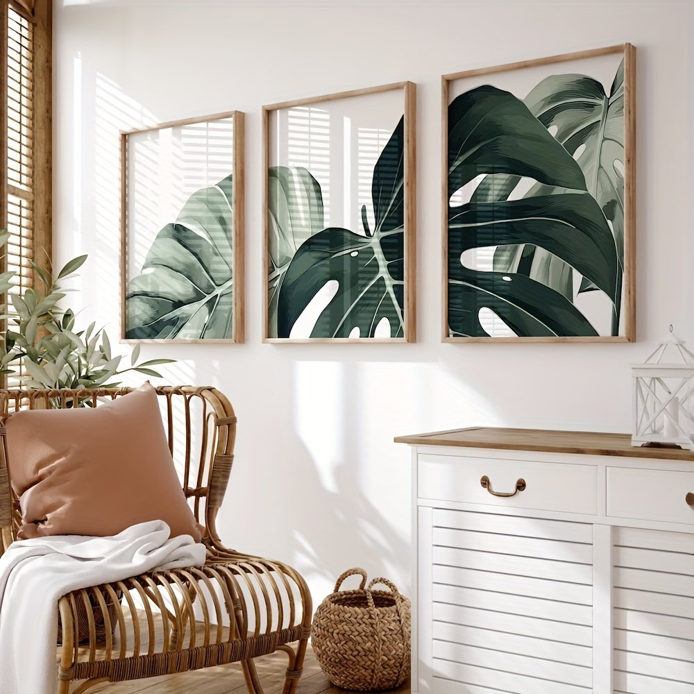 Frameless canvas modern art tropical plants turtle back bamboo leaves painting triptych plant illustration living room poster