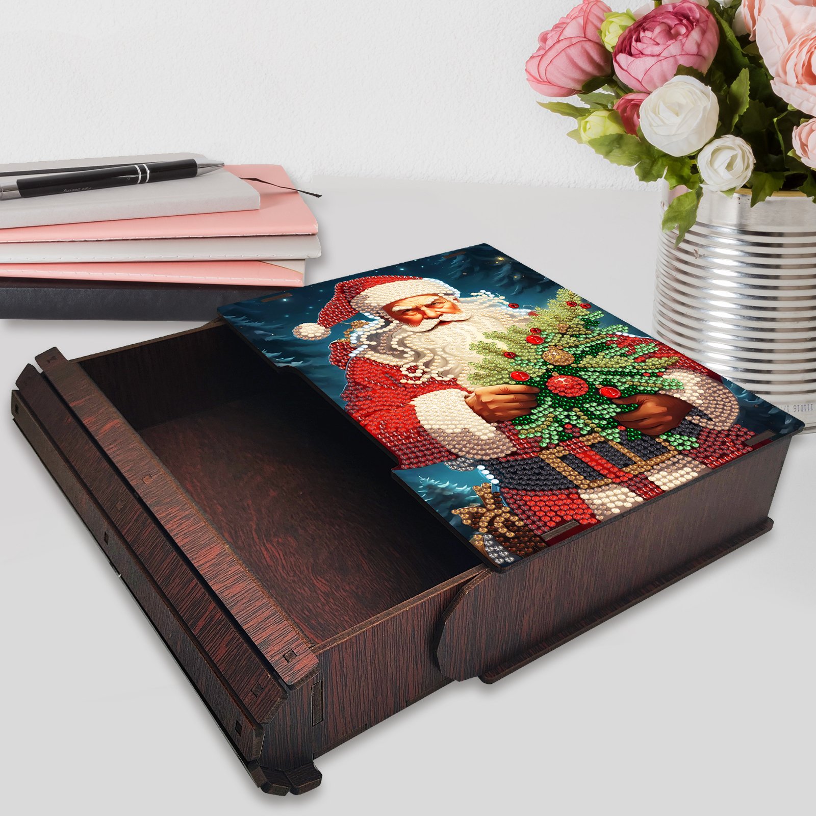 Christmas Santa Claus Snowman Decorative Wooden Diy Diamond Painting Book Storage Box Kits
