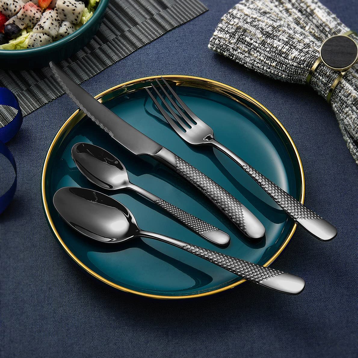 4 Pieces Brushed Fork And Spoon Wedding Black Silverware Set Modern Cutlery