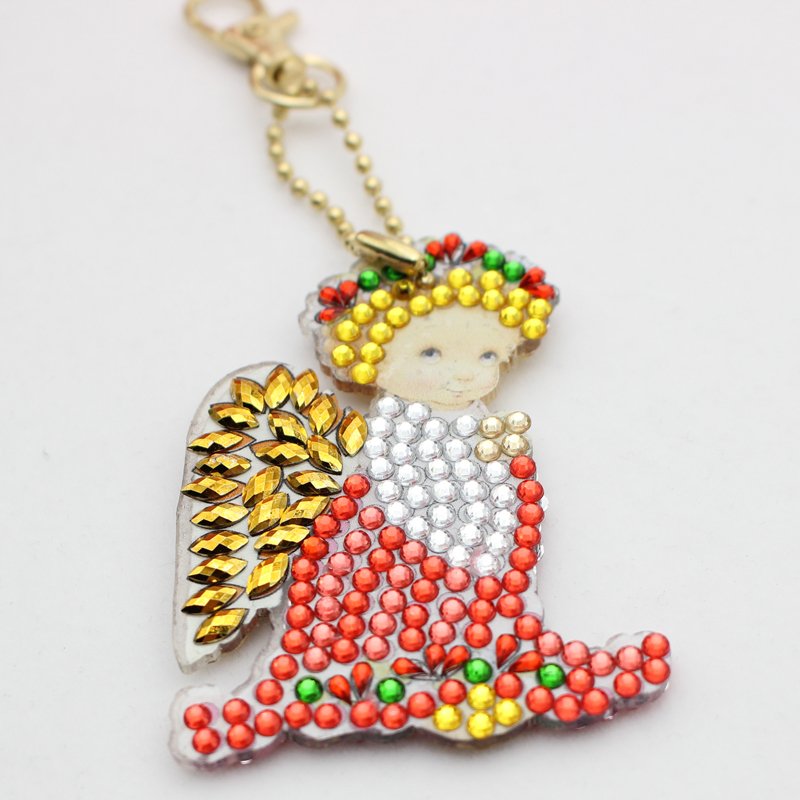 Wholesale 4 Pieces 5d Diy Diamond Painting Keychain Angel Picture Cartoon Design Key Ring Decor Pendant