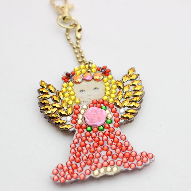 Wholesale 4 Pieces 5d Diy Diamond Painting Keychain Angel Picture Cartoon Design Key Ring Decor Pendant