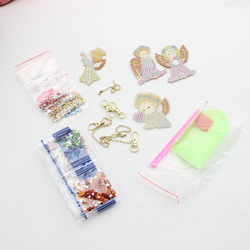 Wholesale 4 Pieces 5d Diy Diamond Painting Keychain Angel Picture Cartoon Design Key Ring Decor Pendant