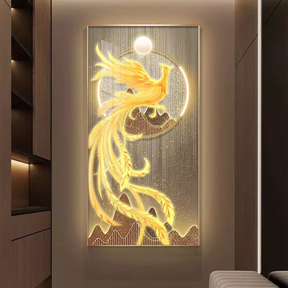 Wholesale luxury Gold Phoenix Bird 5d led light wall art crystal porcelain diamond paintings animal