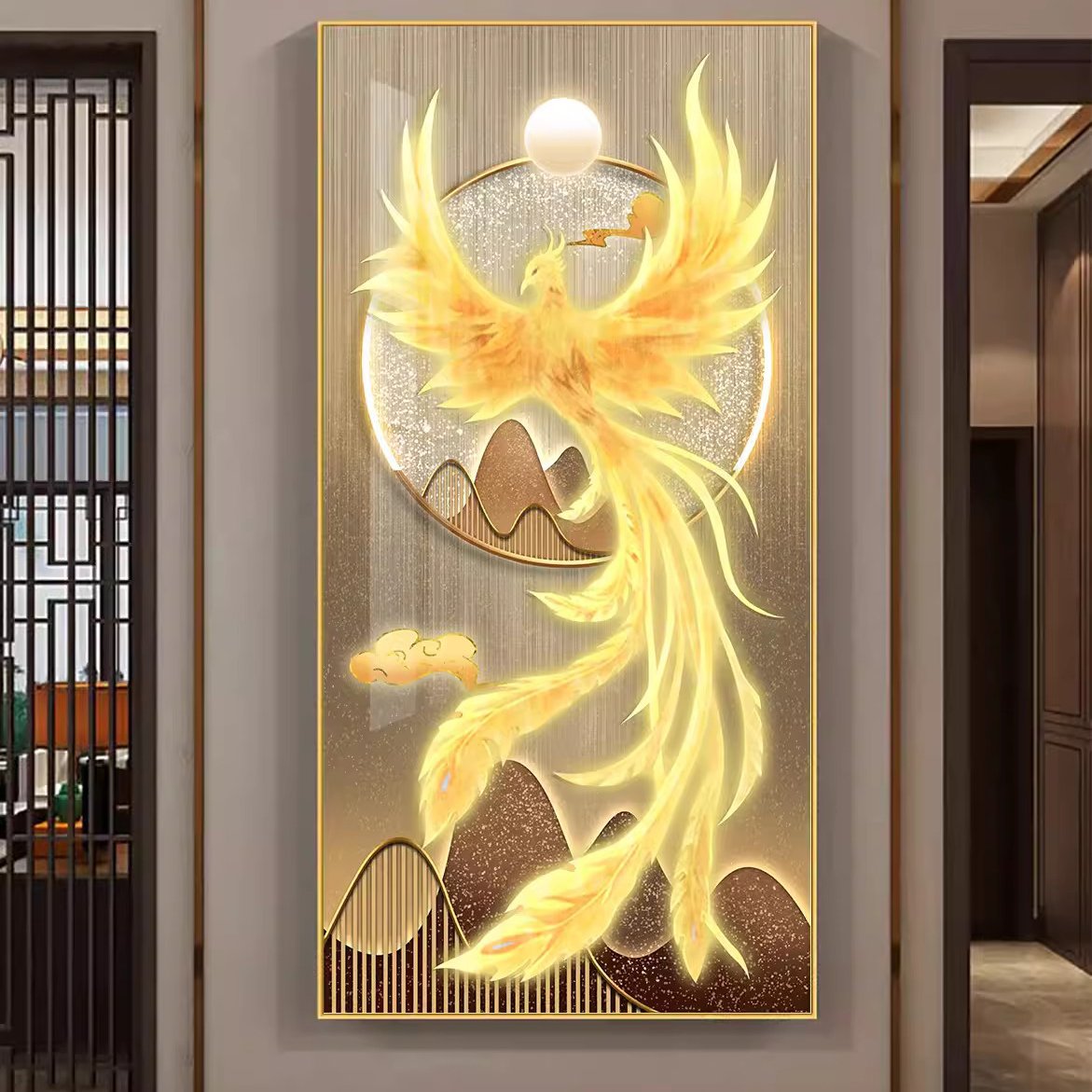 Wholesale luxury Gold Phoenix Bird 5d led light wall art crystal porcelain diamond paintings animal