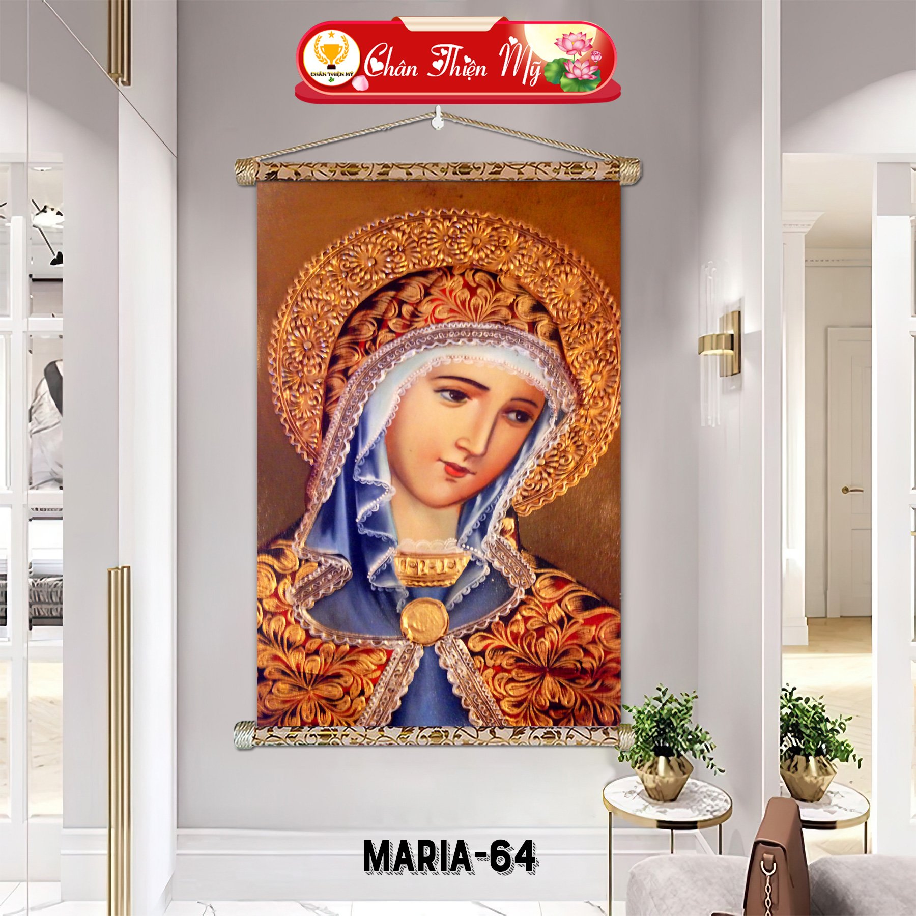 Modern wall hanging with hanging string printed with image of mother mary