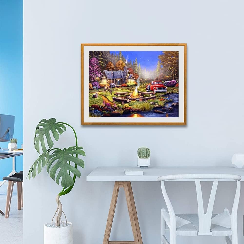 Adult Diamond Painting Kit DIY Cartoon Style Camping Site Landscape Painting Forest Wilderness Diamond Art Furniture Decoration