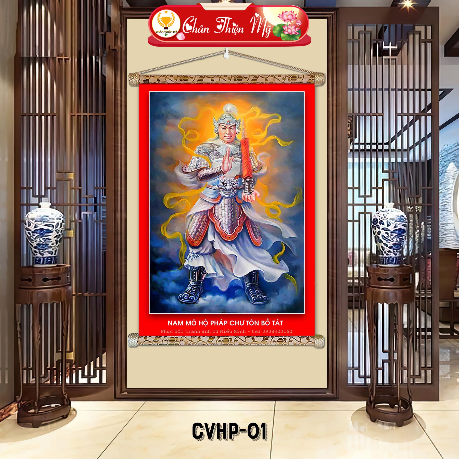 Luxurious 3D wall painting printed with image of Buddha Dharma protector