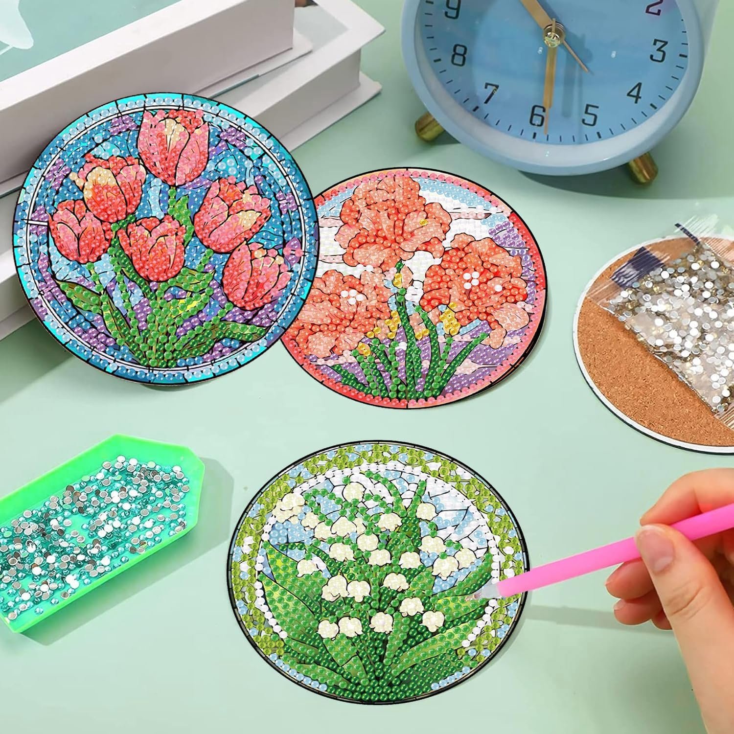 DIY Flower Diamond Art Coasters Kit 9 Pieces Mandala Diamond Art Coasters Diamond Art Kits For Adults