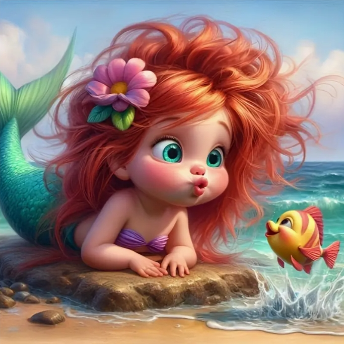 Mermaid & Fish DIY Diamond Handicraft Set - Charming Cartoon Theme, Perfect Home Décor Project, Shiny Round Gemstones,Large Size