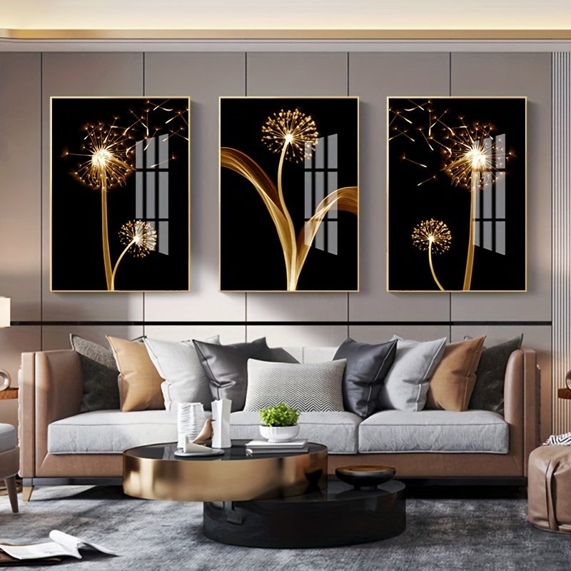 A set of three abstract gold dandelion luxurious mural oil painting art suitable for living room decoration