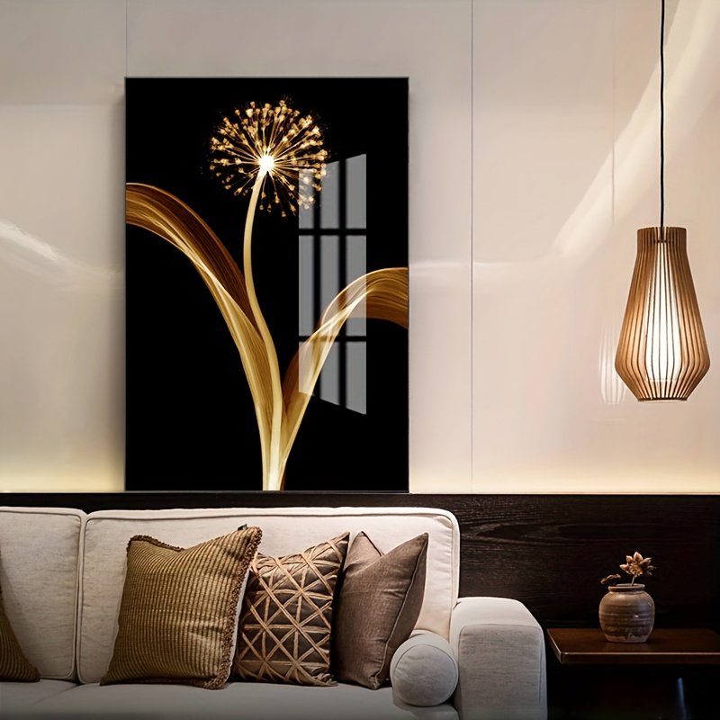 A set of three abstract gold dandelion luxurious mural oil painting art suitable for living room decoration