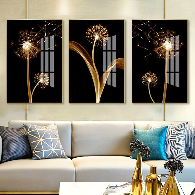 A set of three abstract gold dandelion luxurious mural oil painting art suitable for living room decoration