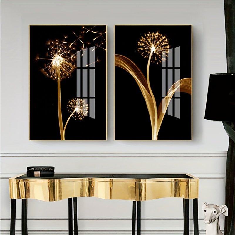A set of three abstract gold dandelion luxurious mural oil painting art suitable for living room decoration