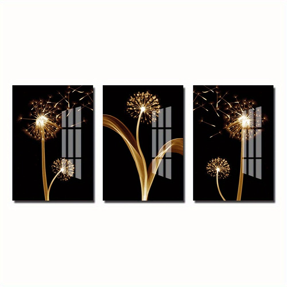 A set of three abstract gold dandelion luxurious mural oil painting art suitable for living room decoration