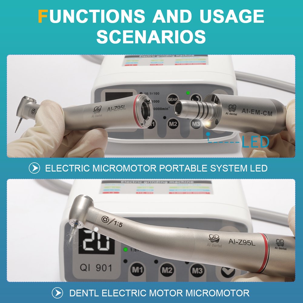 AI-EM-C45 Torque 3.4 Ncm Dental Electric Micromotor Portable System kit with Contra Angle Handpiece as Balanced as Air Turbine