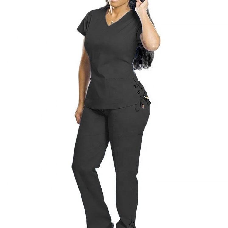 Selling Stylish Sky Blue Medical Scrubs Women Scrub Nursing Polyester Stretchy Hospital Uniforms Sets lace up shirt and trouser