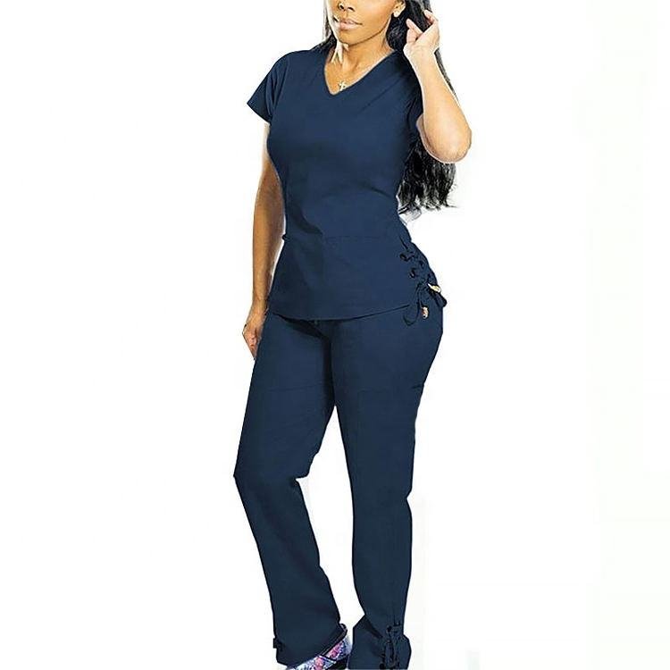 Selling Stylish Sky Blue Medical Scrubs Women Scrub Nursing Polyester Stretchy Hospital Uniforms Sets lace up shirt and trouser