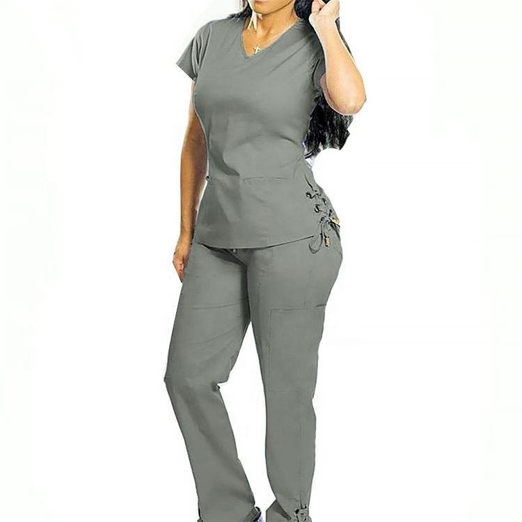 Selling Stylish Sky Blue Medical Scrubs Women Scrub Nursing Polyester Stretchy Hospital Uniforms Sets lace up shirt and trouser