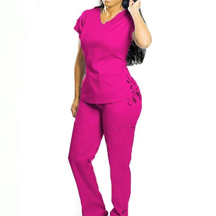 Selling Stylish Sky Blue Medical Scrubs Women Scrub Nursing Polyester Stretchy Hospital Uniforms Sets lace up shirt and trouser