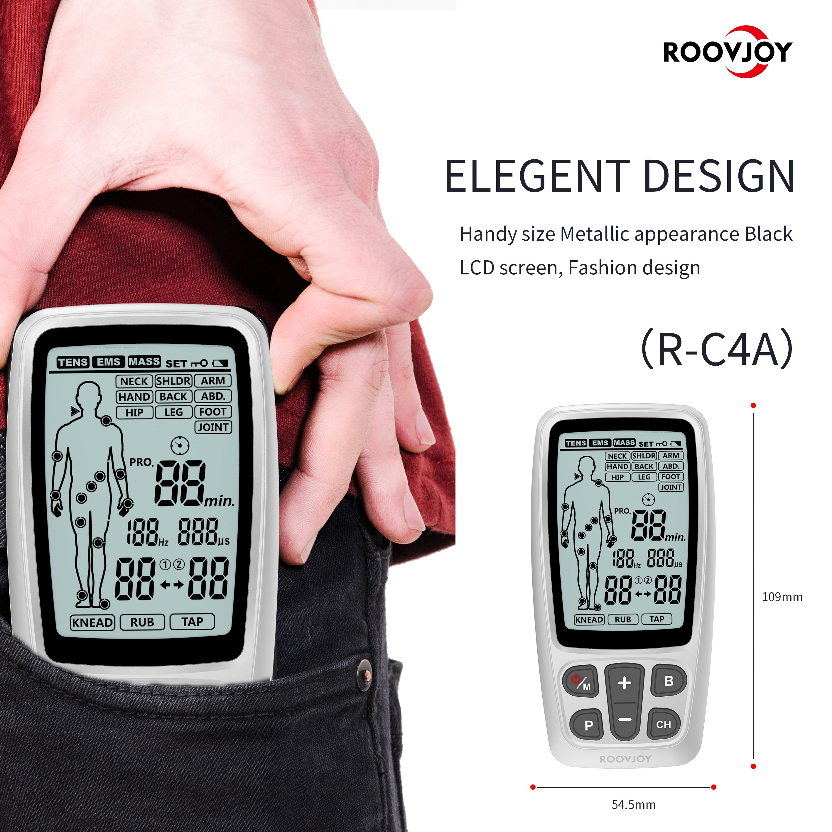 ROOVJOY TENS Unit EMS with Ultrasound Therapy Home Use Muscle Stimulator for Pain Relief 1-Year Warranty Class II Instrument