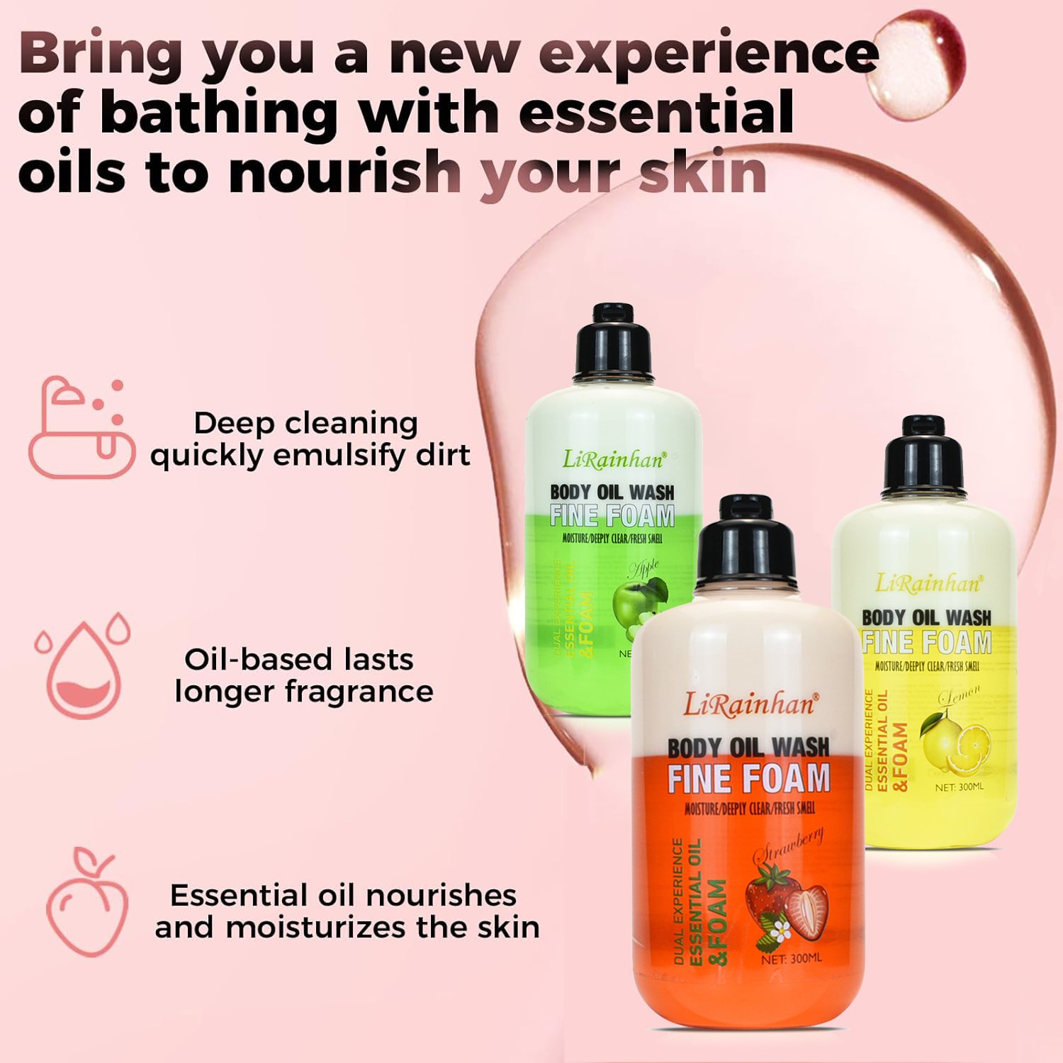 Private Label Wholesale Skin Exfoliating Whitening Nourishing Foam+ Essential Oil Body Wash Shower Gel Skin Refresh