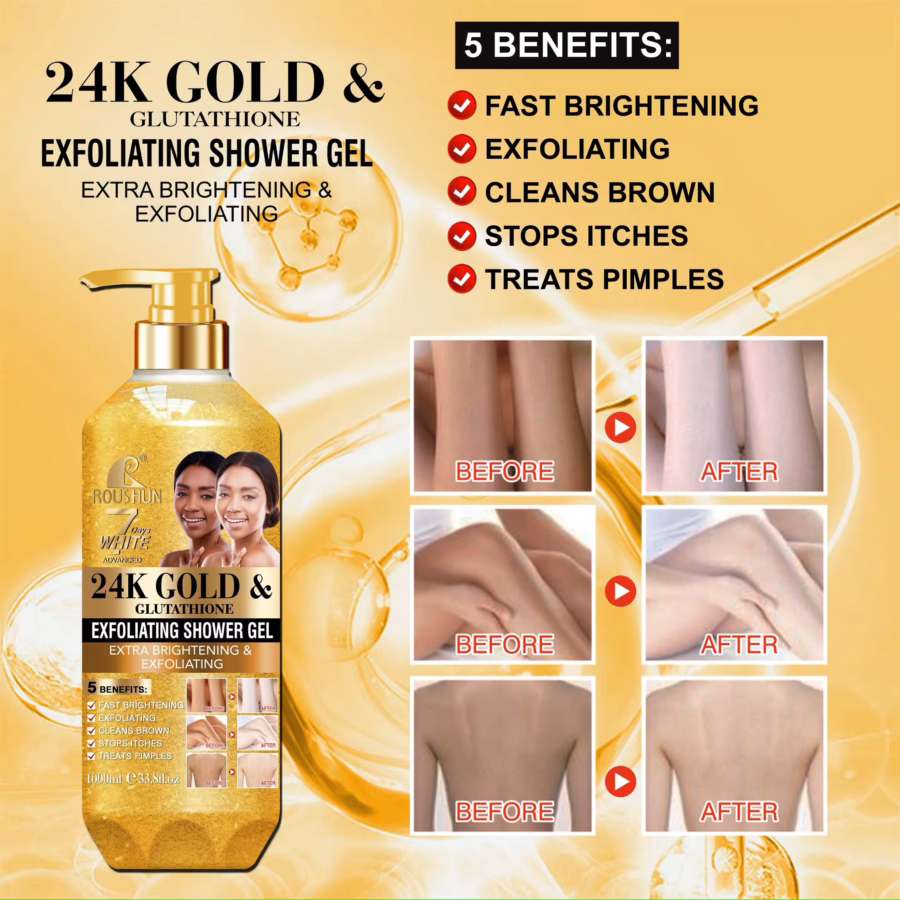 Private Label 24K Gold Whitening Moisturizing Exfolator Scrub Shower Gel