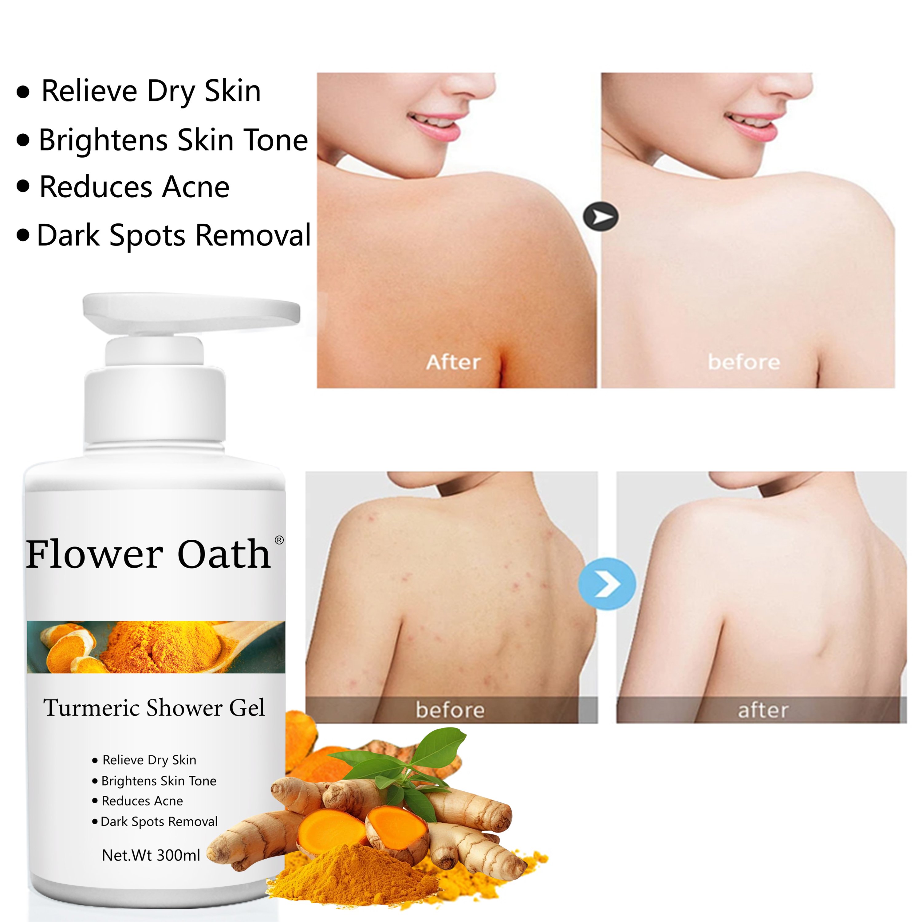 Private Label Whitening Shower Gel Turmeric Almond Vitamin C Exfoliating Deep Cleansing Natural Wash Bath Gel